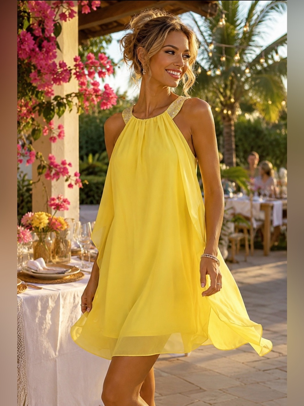 Badgley Mischka for Cache yellow chiffon lined dress with embellishments